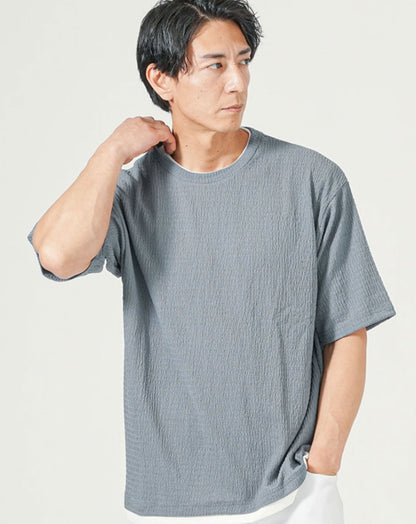 お腹が目立ちにくい体型カバー楊柳ストレッチフェイクレイヤード半袖Tシャツ