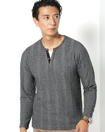 ランダムテレコ素材フェイクレイヤード長袖キーネックＴシャツ