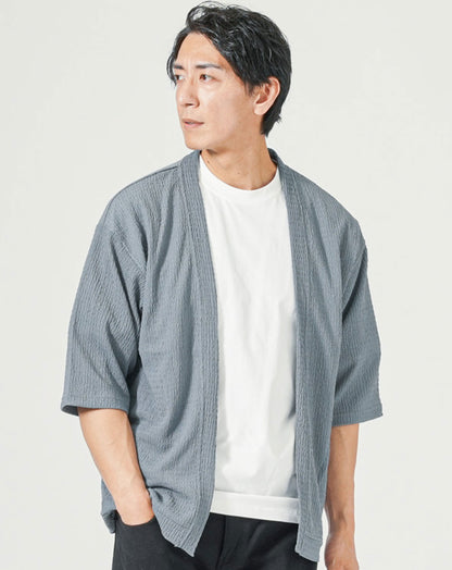 「2枚セット」楊柳ストレッチ夏薄手7分袖ボタンレスカーディガン×半袖クルーネックＴシャツ
