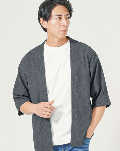 「2枚セット」楊柳ストレッチ7分袖ボタンレスカーディガン×半袖クルーネックＴシャツ