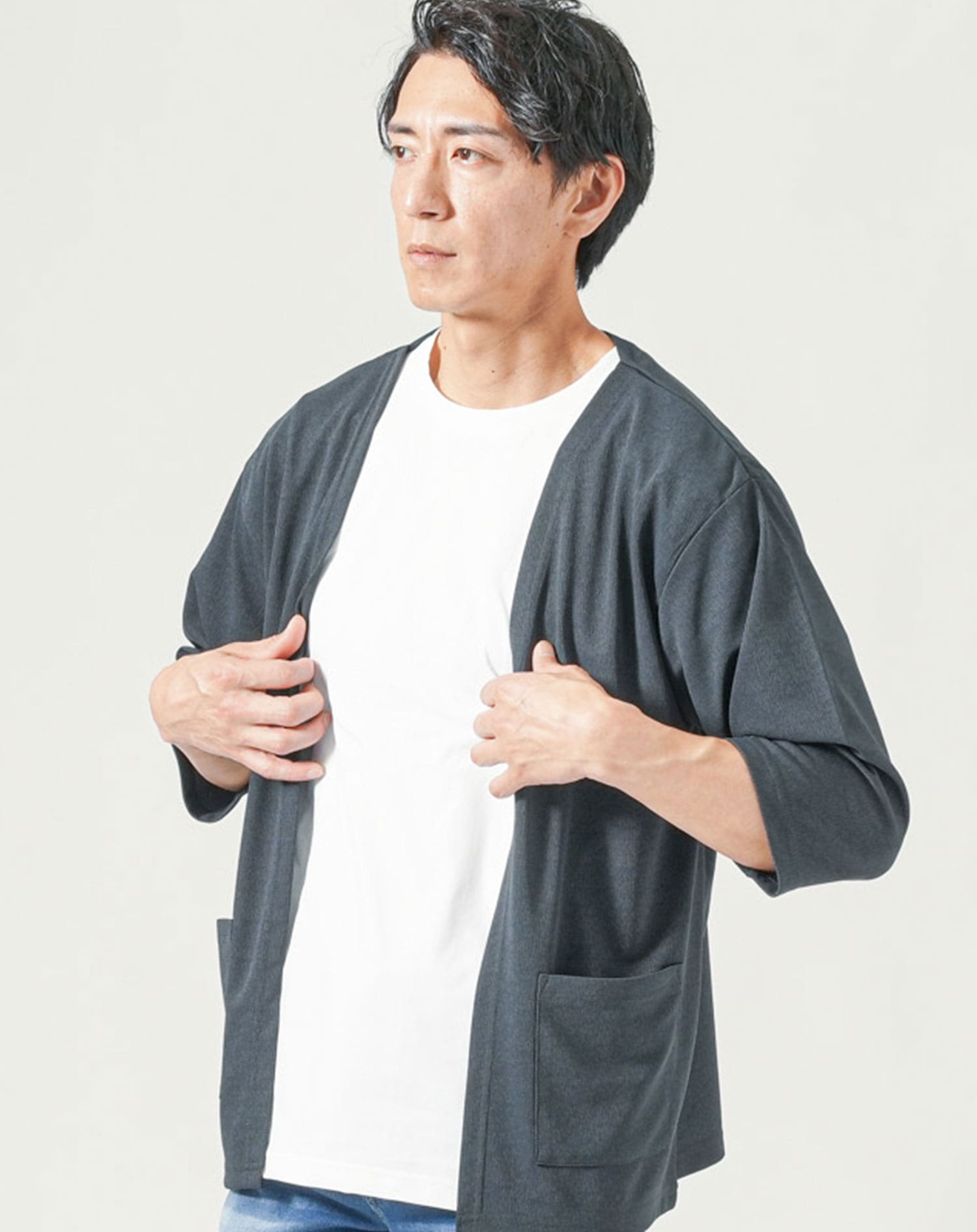 2枚セット 楊柳ストレッチ7分袖ボタンレスカーディガン×半袖Tシャツ