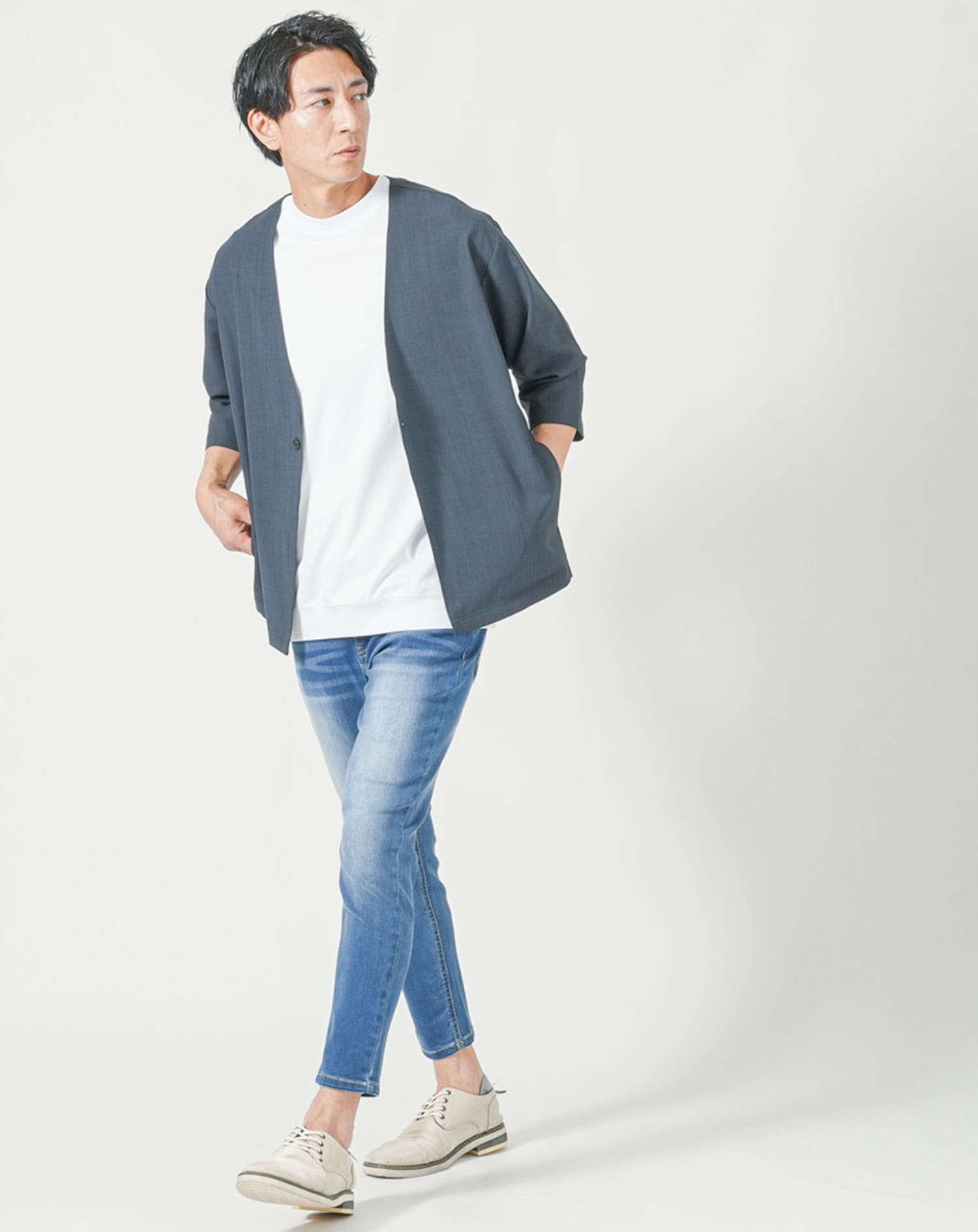 薄手リネンライク七分袖ノーカラージャケット メンズ夏用 | メンズ 薄手リネンライク七分袖ノーカラージャケット メンズ夏用 | メンズ