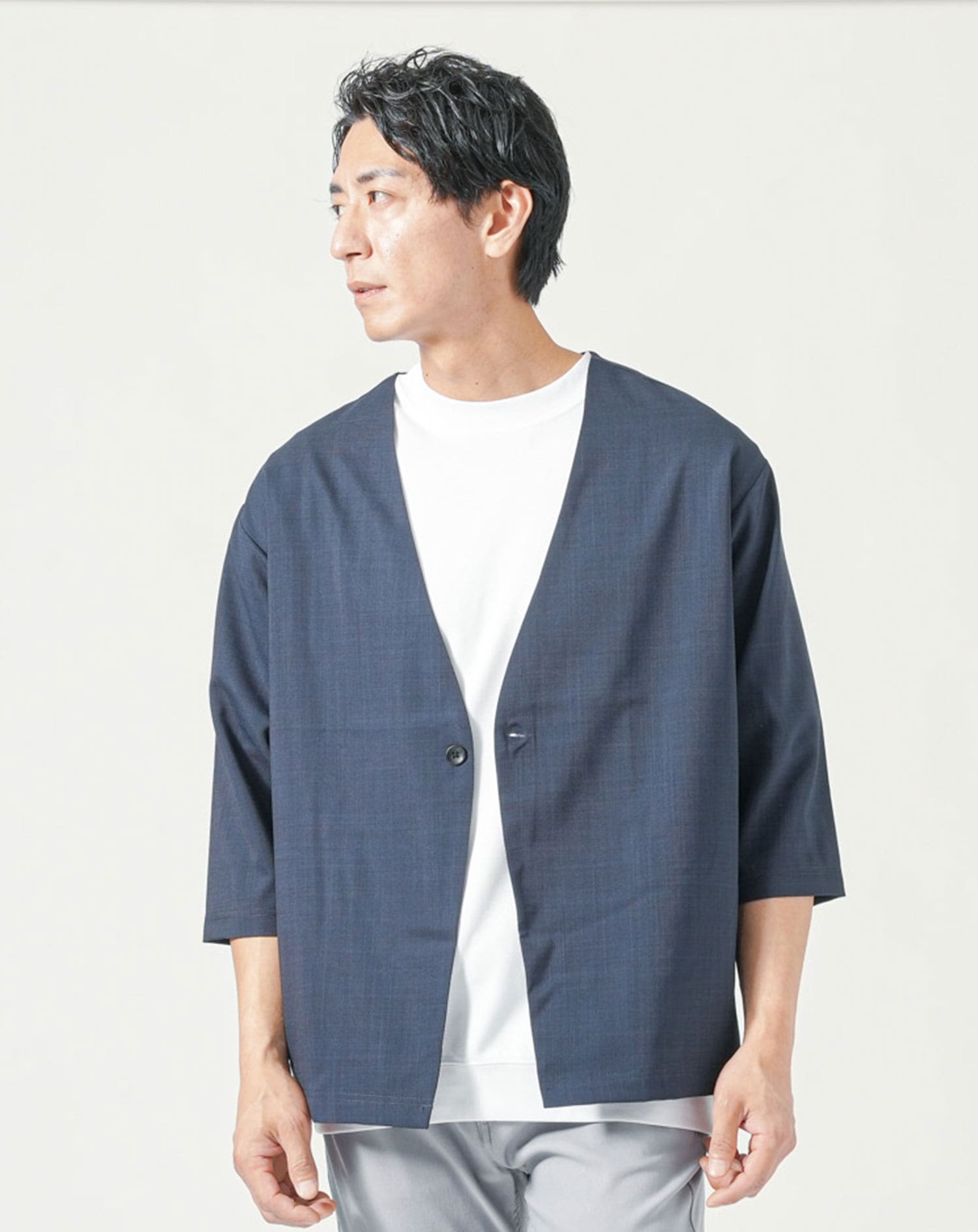 7分袖 ノーカラーサマージャケット メンズ 薄手の夏ジャケット 冷房