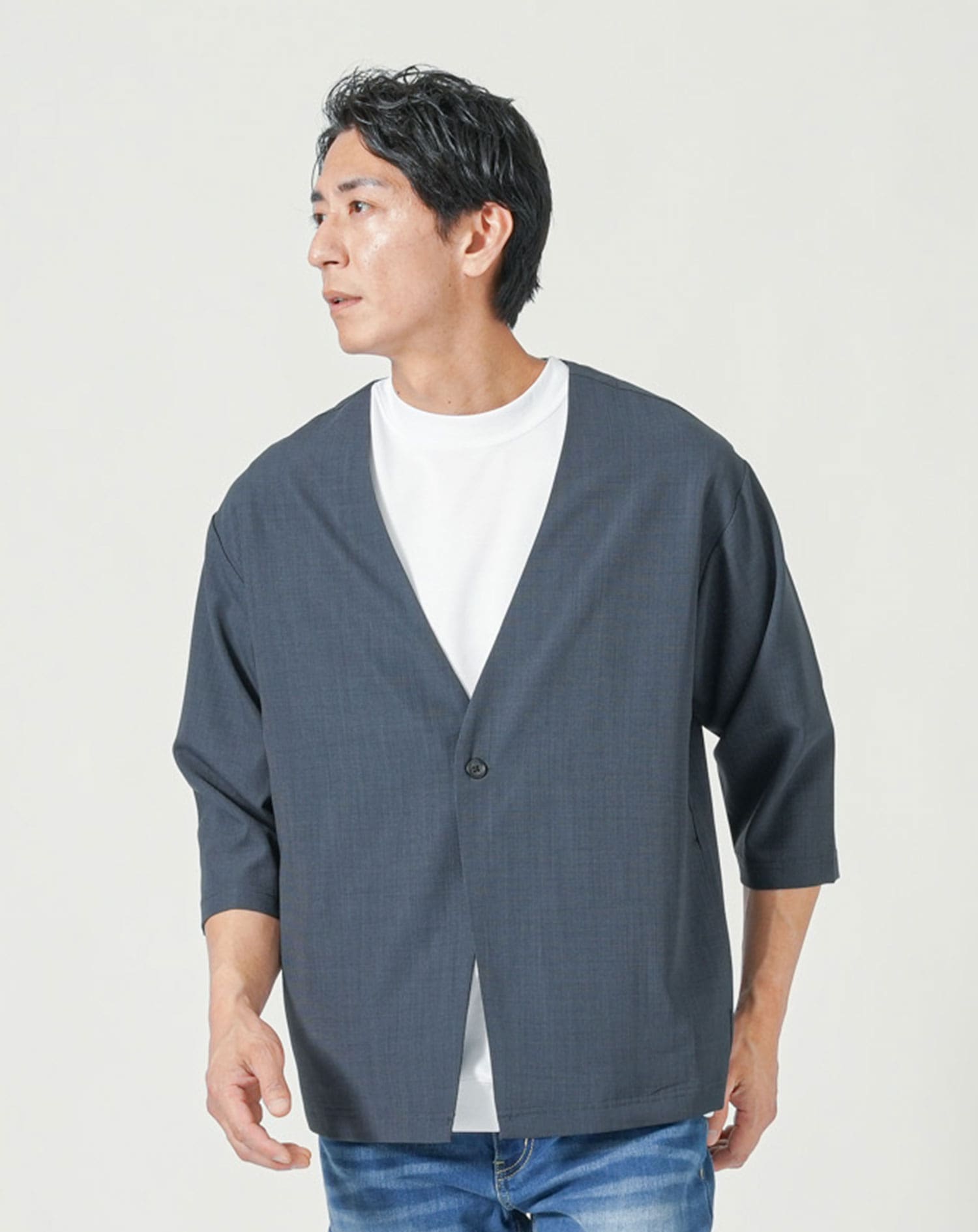 Tabrik◆ ノーカラーリネンタックカーディガン 薄手 Tabrik◇ ノーカラーリネンタックカーディガン 薄手