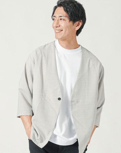 リネンライク7分袖ノーカラージャケット
