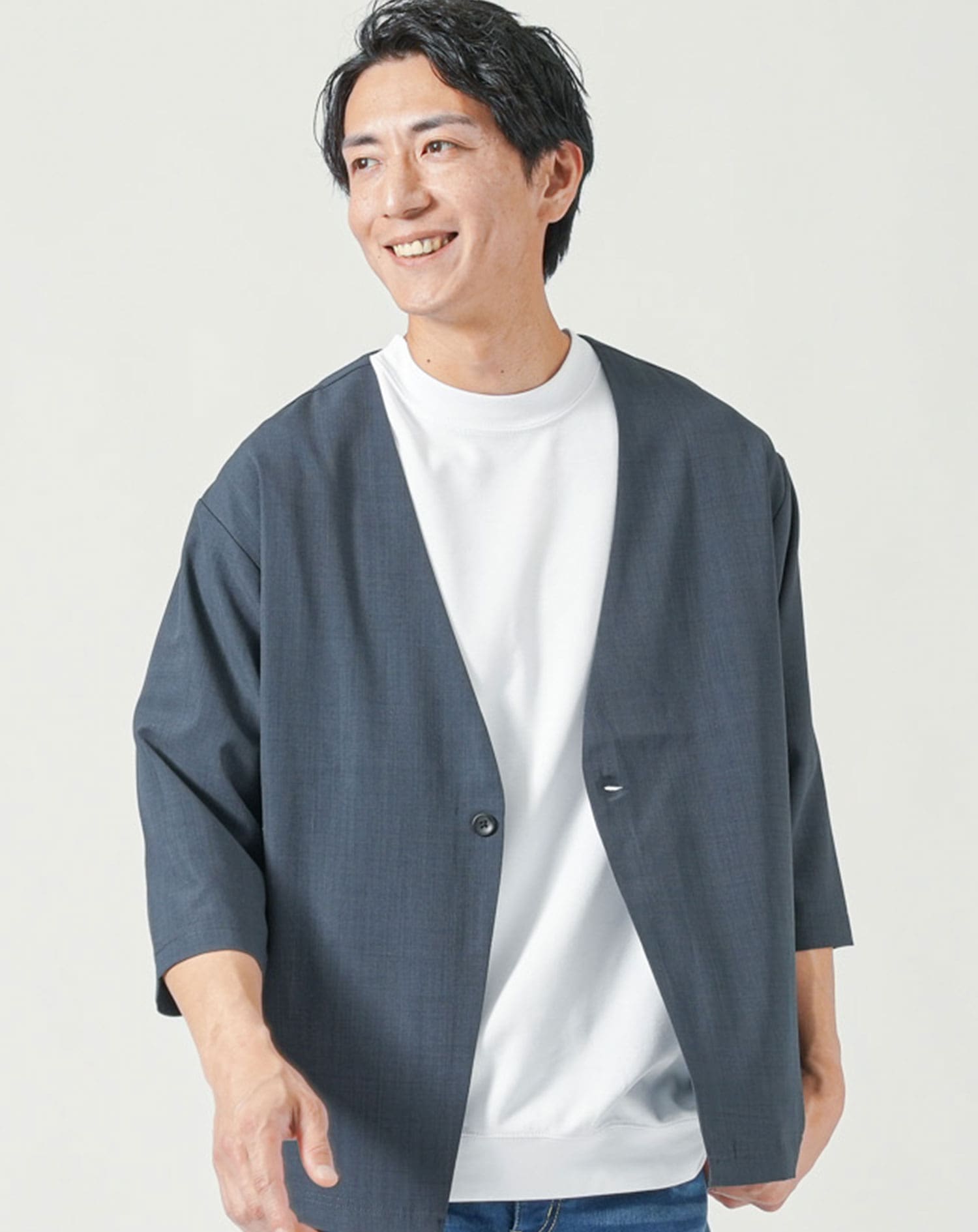 リネンライク7分袖ノーカラージャケット