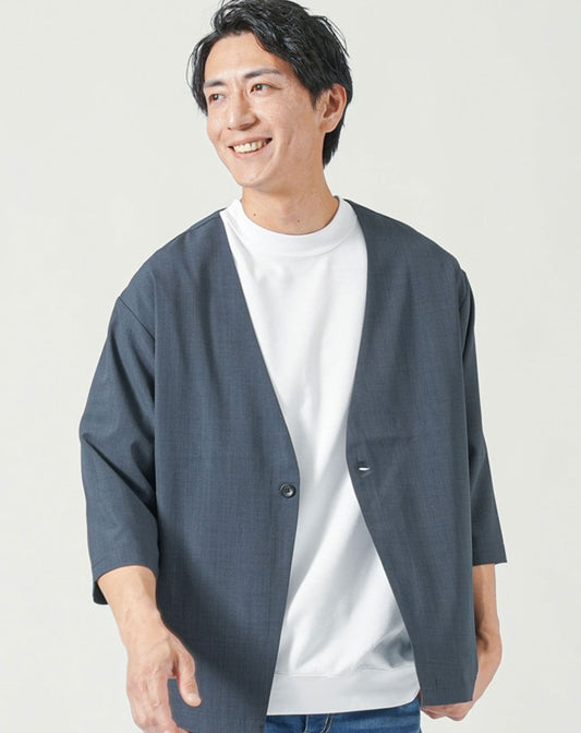 リネンライク7分袖ノーカラージャケット