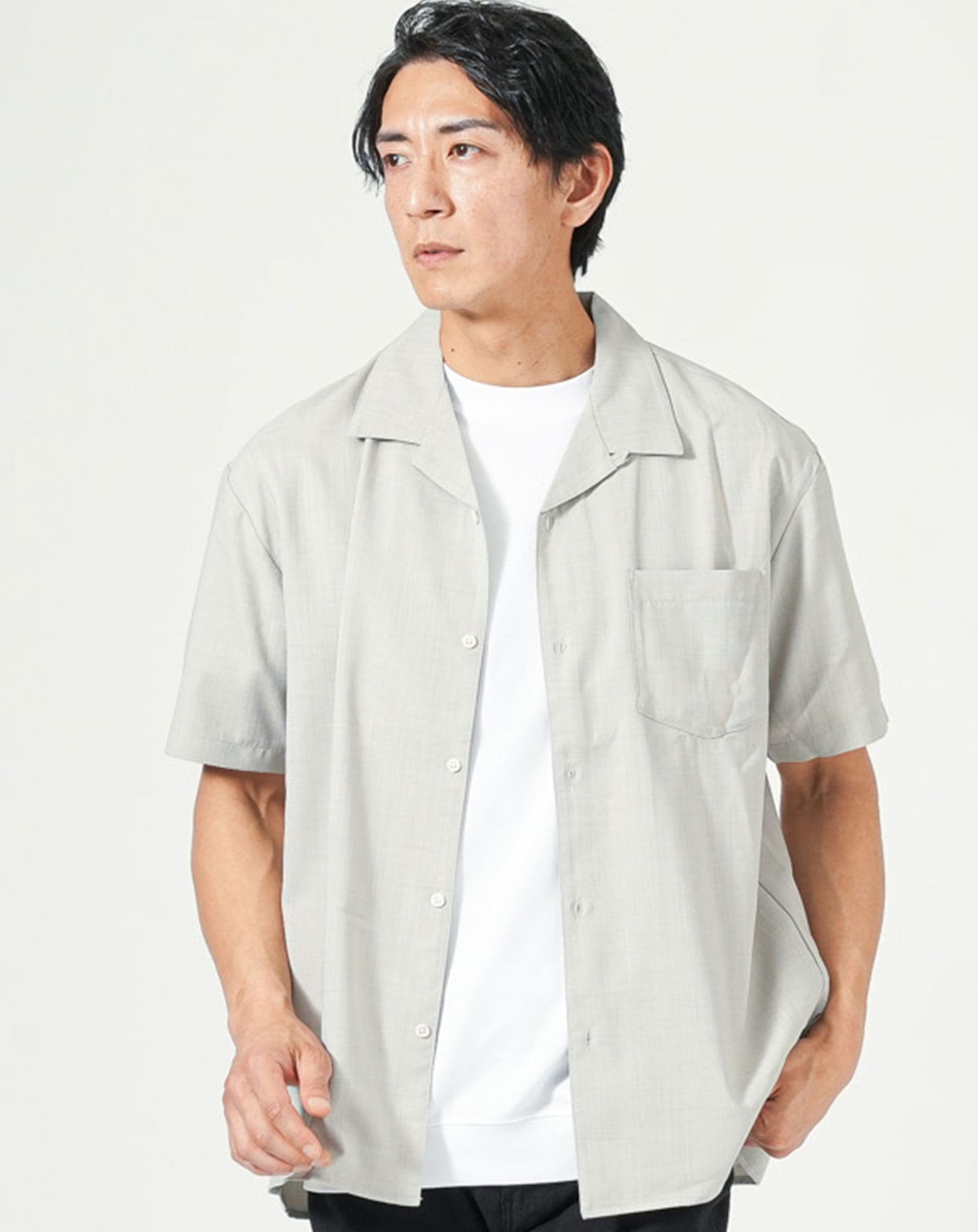 リネンライク半袖オープンカラー開襟シャツ