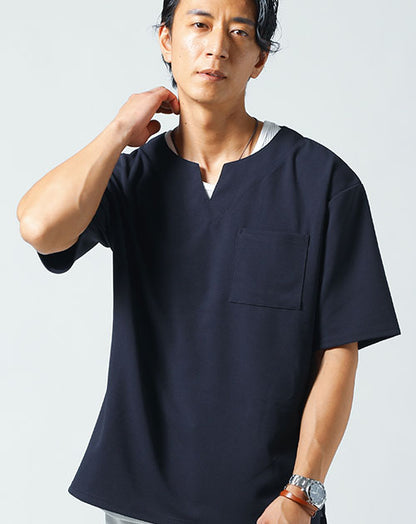 接触冷感カルゼ半袖キーネックＴシャツ×ワッフル素材ロング丈タンクトップ　2点セット