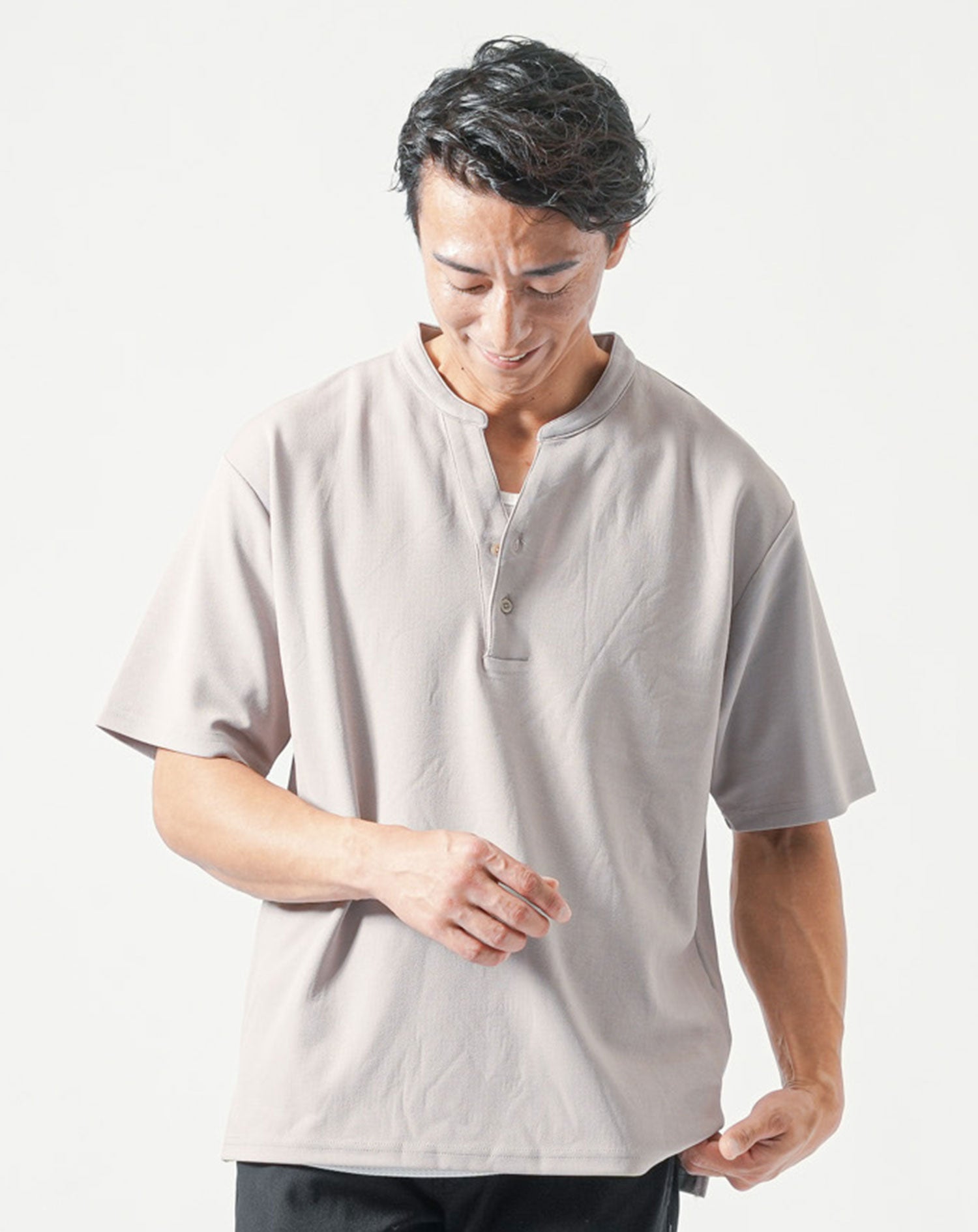 夏用接触冷感オーバーサイズ半袖ヘンリーネックTシャツ×ワッフルタンク