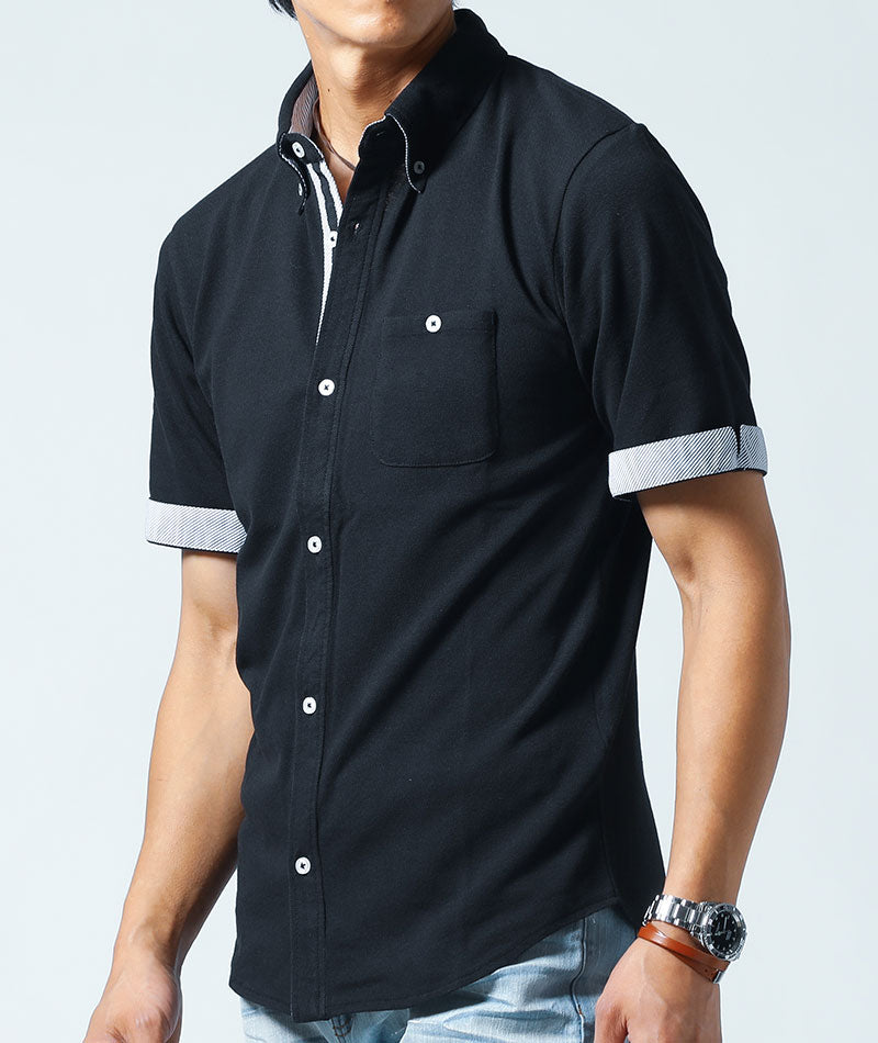 ストライプ切り替え半袖前開きポロシャツ ｜ メンズファッション