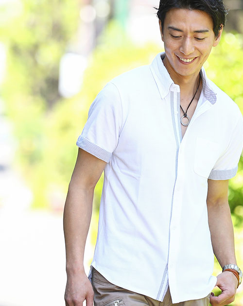 ストライプ切り替え半袖前開きポロシャツ ｜ メンズファッション