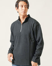 膨れジャガードハーフジップ長袖ポロシャツ