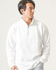 膨れジャガードハーフジップ長袖ポロシャツ