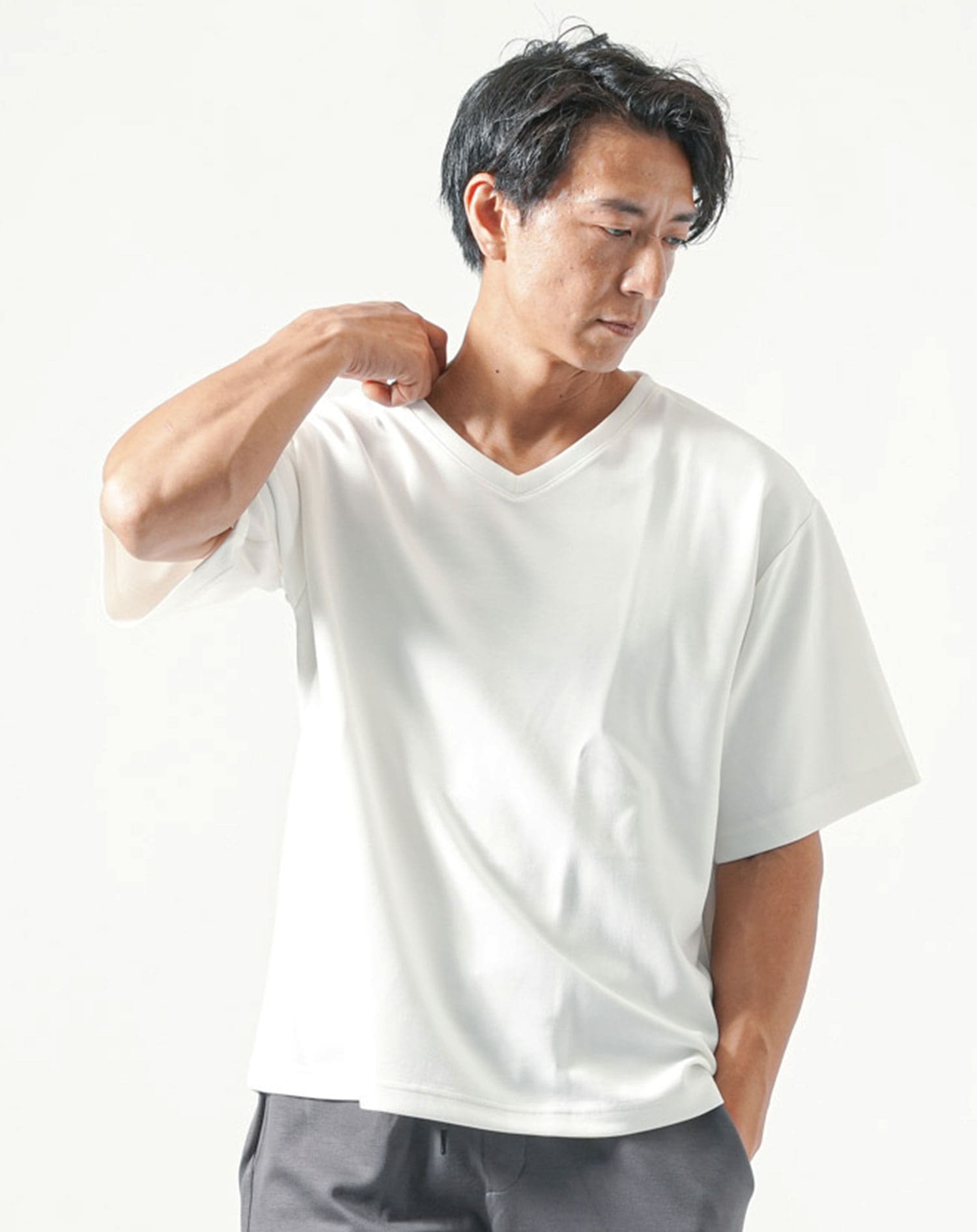 セットアップ 接触冷感オーバーサイズ半袖VネックTシャツ×ハーフ