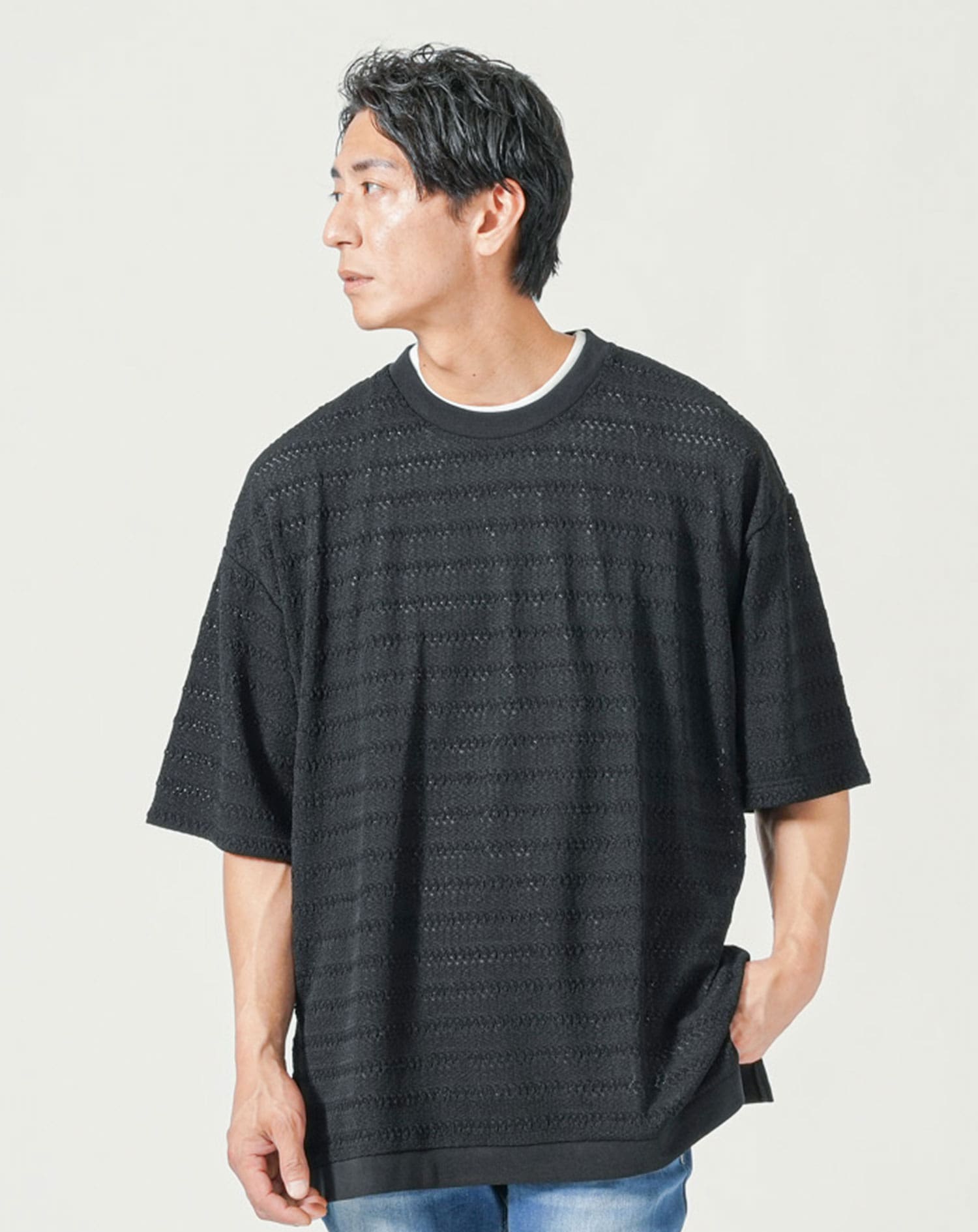 メッシュニット Tシャツ メンズ オーバーサイズで体型カバーしやすい夏