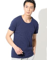 丸首スパンフライスポケット付き半袖無地スリムカットソー Biz