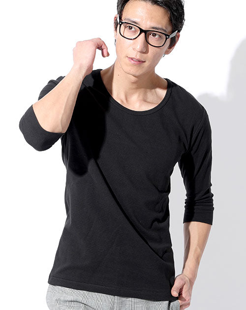 丸首スパンフライス五分袖リブ無地カットソー Biz