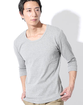 丸首スパンフライス五分袖リブ無地カットソー