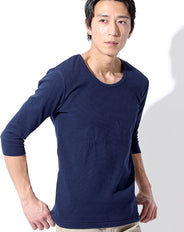 クルーネックスパンフライステレコ五分袖リブ無地スリムカットソー Biz