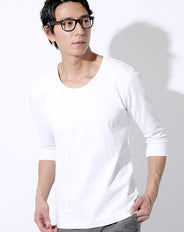 クルーネックスパンフライス五分袖リブ無地スリムカットソー Biz