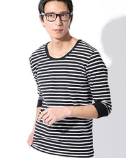 クルーネックスパンフライス五分袖リブボーダーカットソー Biz