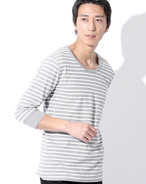 丸首スパンフライス五分袖リブボーダーカットソー