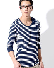 クルーネックスパンフライス五分袖リブボーダーカットソー Biz