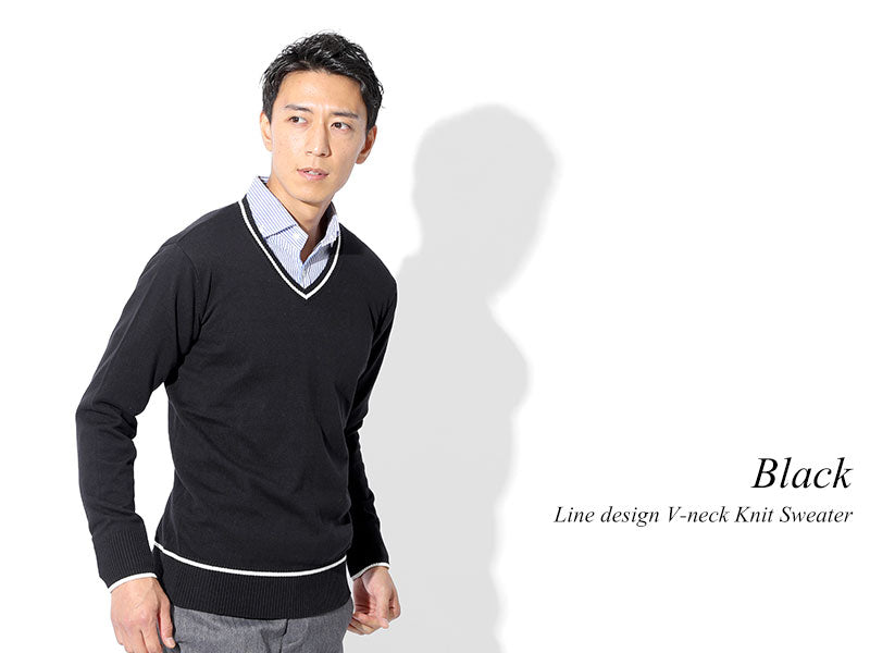ラインデザインVネックコットン100ニットセーター Designed by Bizfront in TOKYO