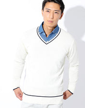ラインデザインVネックコットン100ニットセーター Designed by Bizfront in TOKYO - メンズファッション通販 MENZ-STYLE(メンズスタイル）