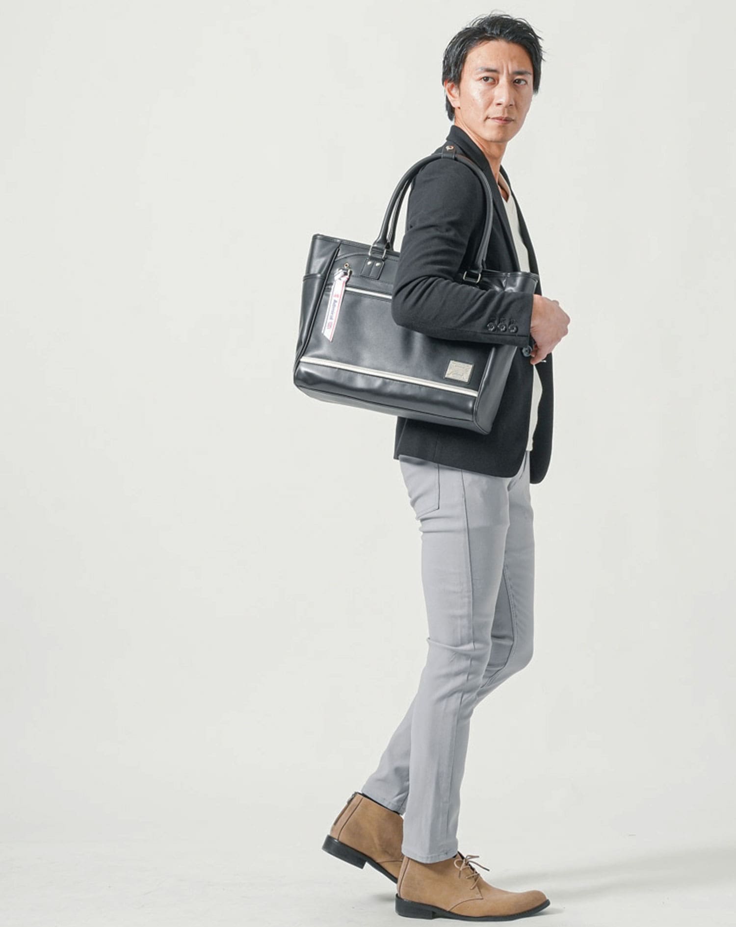 ビジネスカジュアル向け PUレザーデザインファスナー付きトートバッグ