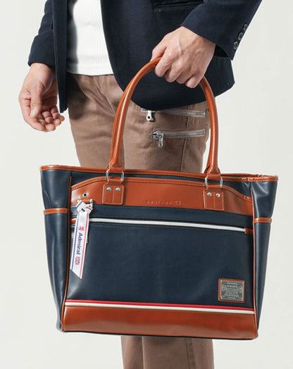 ビジネスカジュアル向け　PUレザーデザインファスナー付きトートバッグ