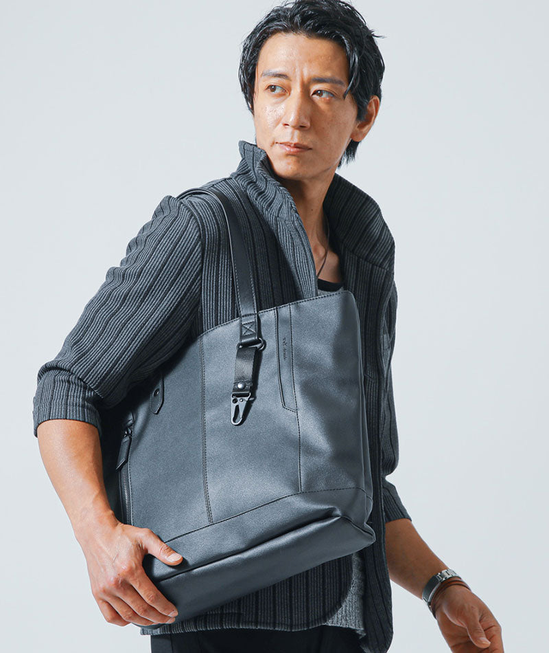 バッグ20 キーフック・ファスナー付きPUレザートートバッグ ｜ メンズ