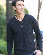 ブロックチェックデザインVネック長袖Tシャツ