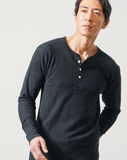 ワッフル素材長袖ヘンリーネックTシャツ