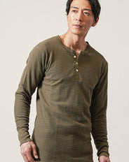 ワッフル素材長袖ヘンリーネックTシャツ