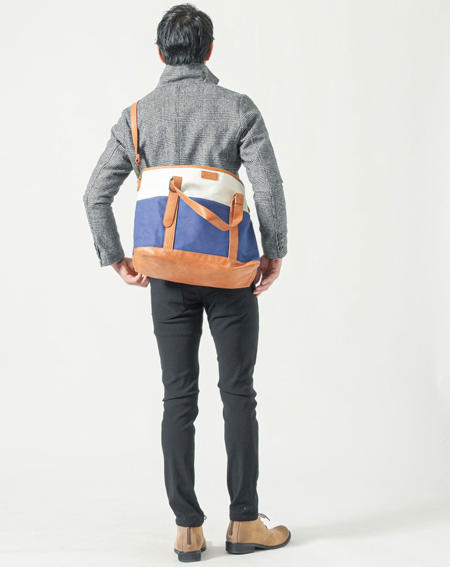 PUレザー×キャンバス切り替えファスナー付きショルダートート