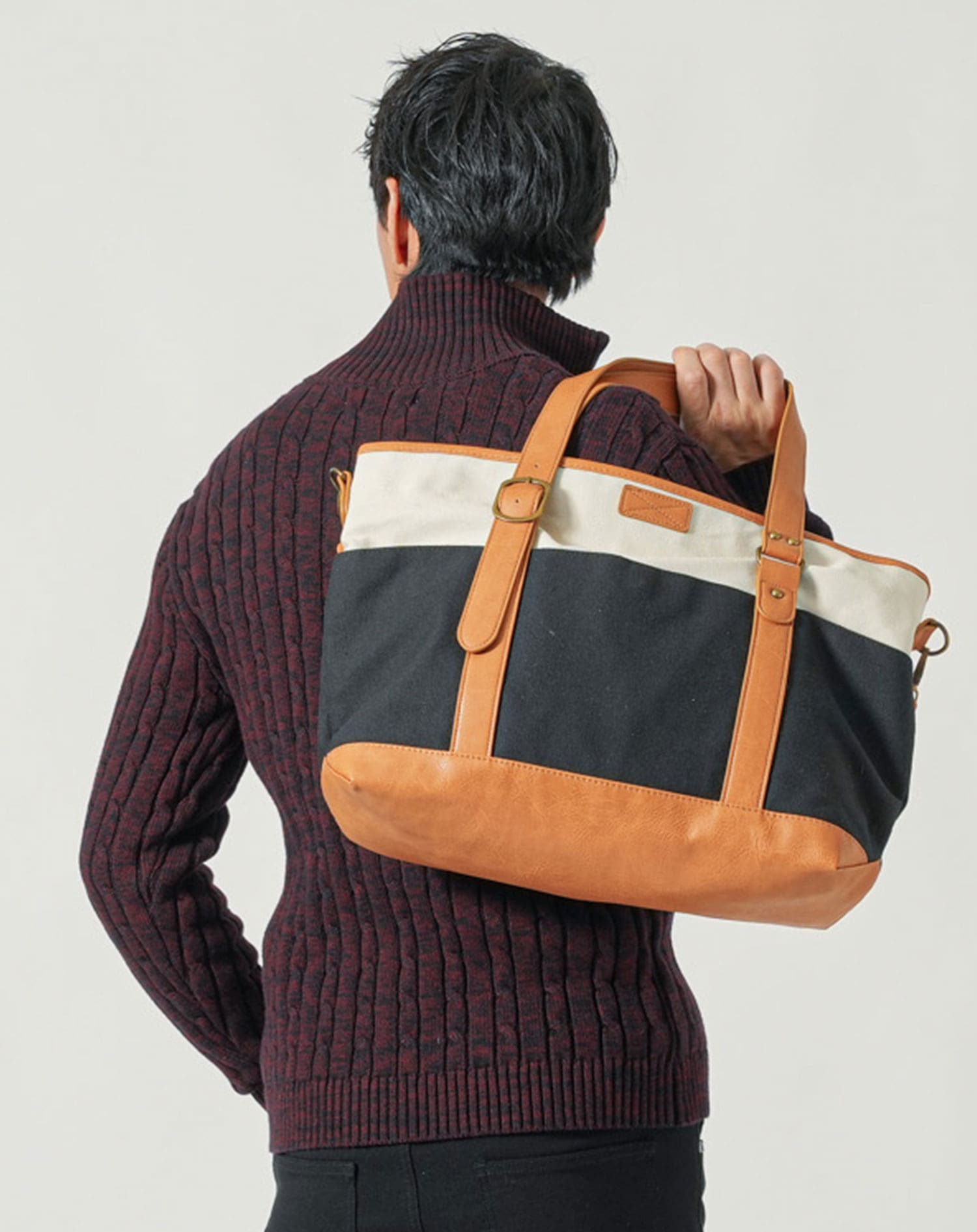 PUレザー×キャンバス切り替えファスナー付きショルダートートバッグ