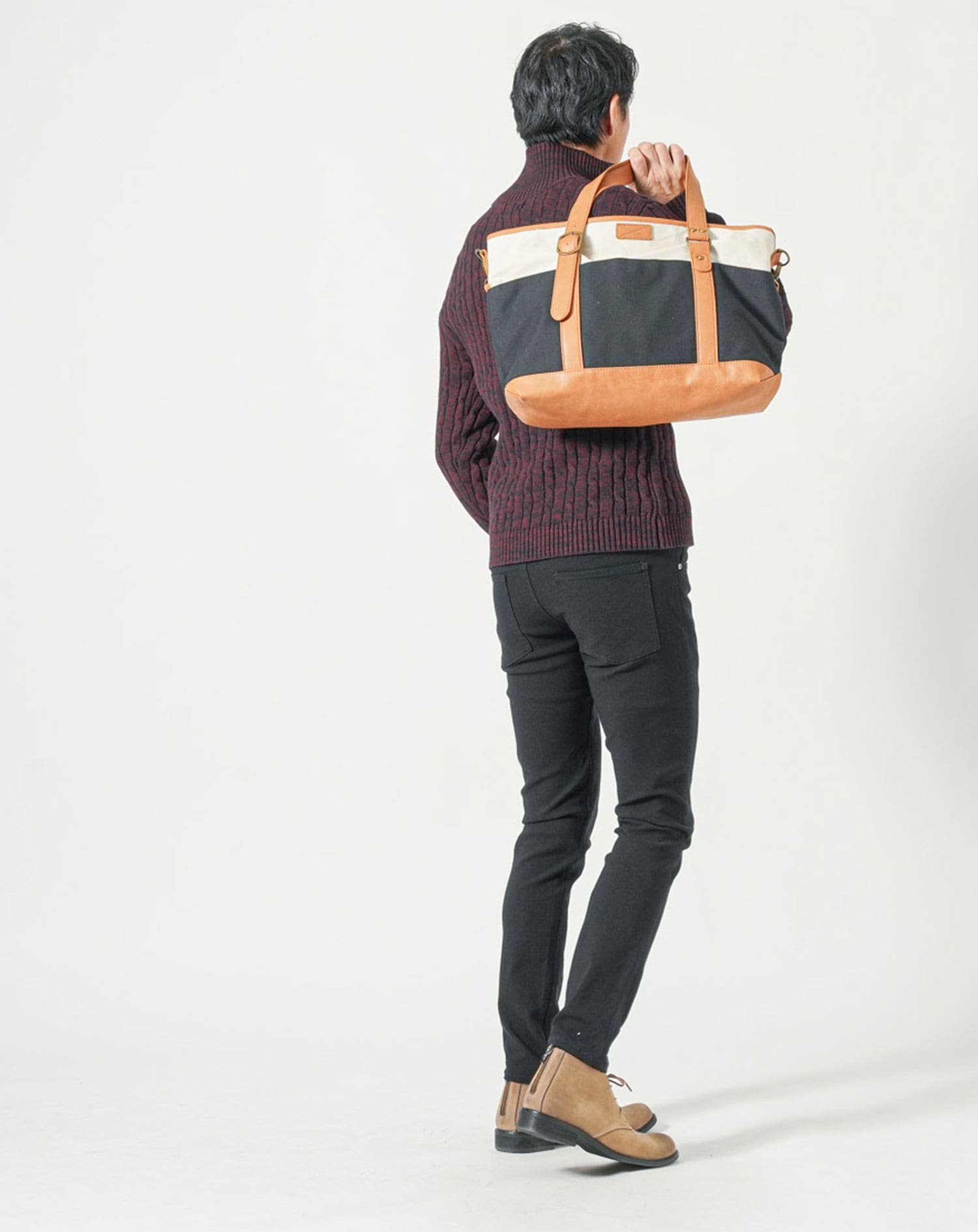 PUレザー×キャンバス切り替えファスナー付きショルダートート