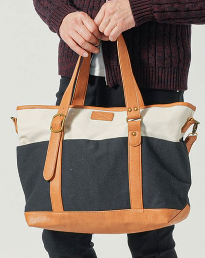 PUレザー×キャンバス切り替えファスナー付きショルダートートバッグ