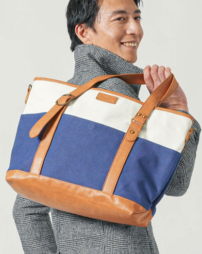 PUレザー×キャンバス切り替えファスナー付きショルダートートバッグ