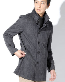 襟ベルト付き撥水メランジネイビーヘリンボーンスタンドカラーコート