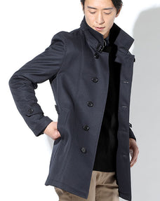 襟ベルト付き撥水ボンディングネイビースタンドカラーコート
