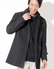 襟ベルト付き撥水黒ヘリンボーンスタンドカラーコート Biz