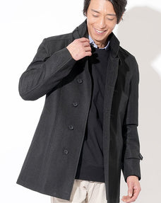 襟ベルト付き撥水黒ヘリンボーンスタンドカラーコート