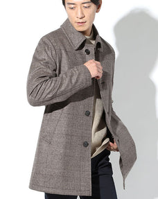 ビーバー素材ブラウンチェック柄ハーフステンカラーコート