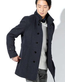 ダブルフェイスウール混ドット柄スタンドカラーコート