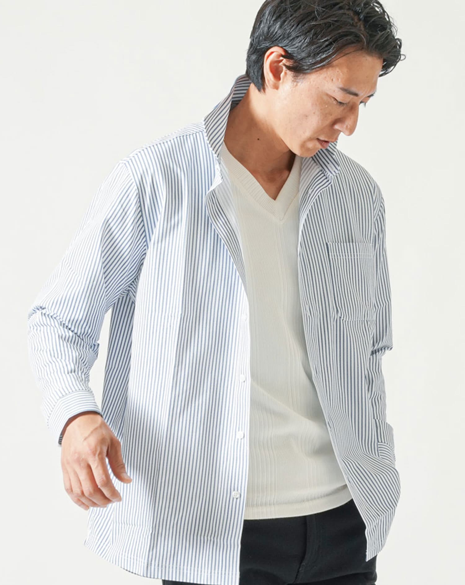 柄入りストレッチホリゾンタル長袖カットシャツ