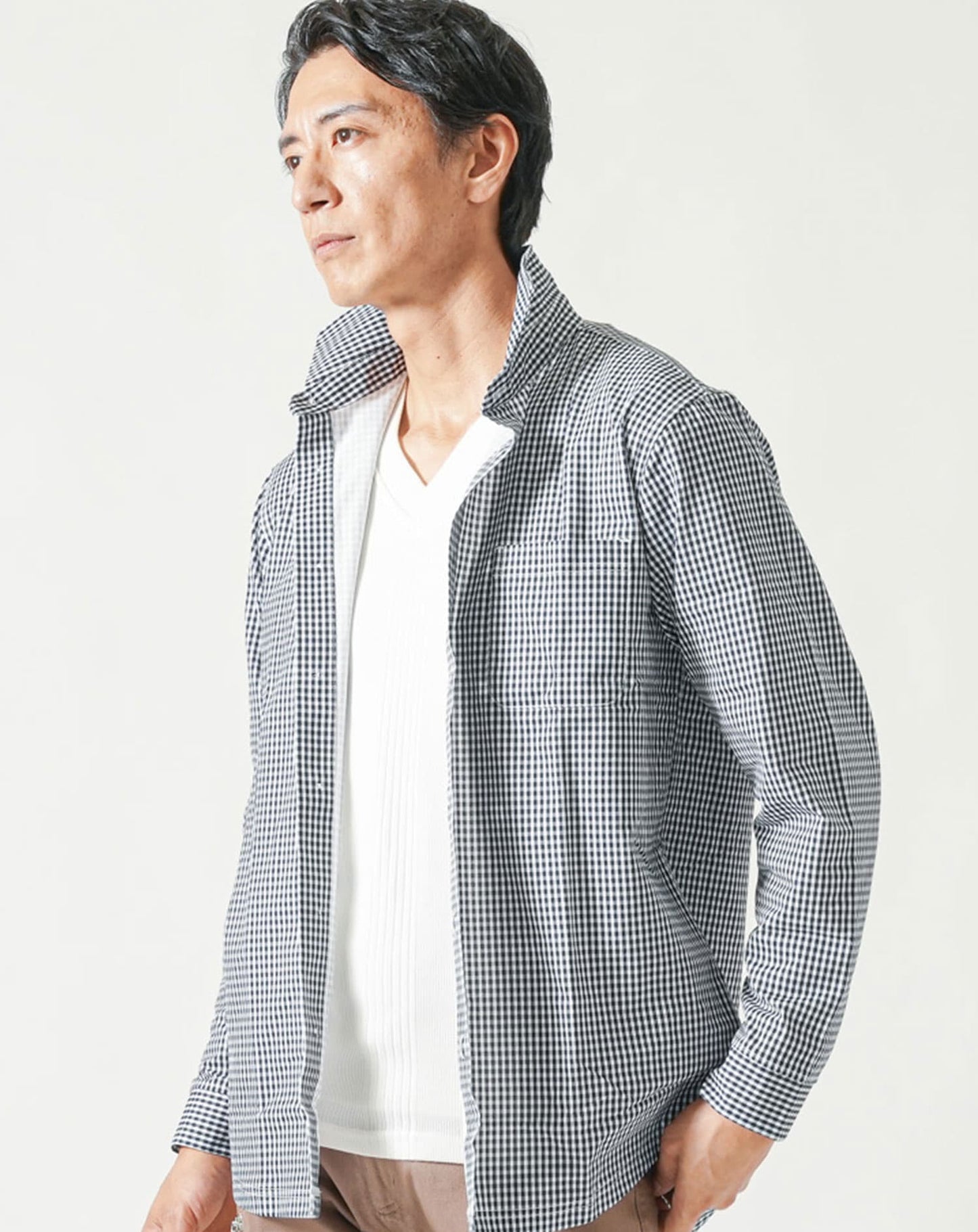 柄入りストレッチホリゾンタル長袖カットシャツ