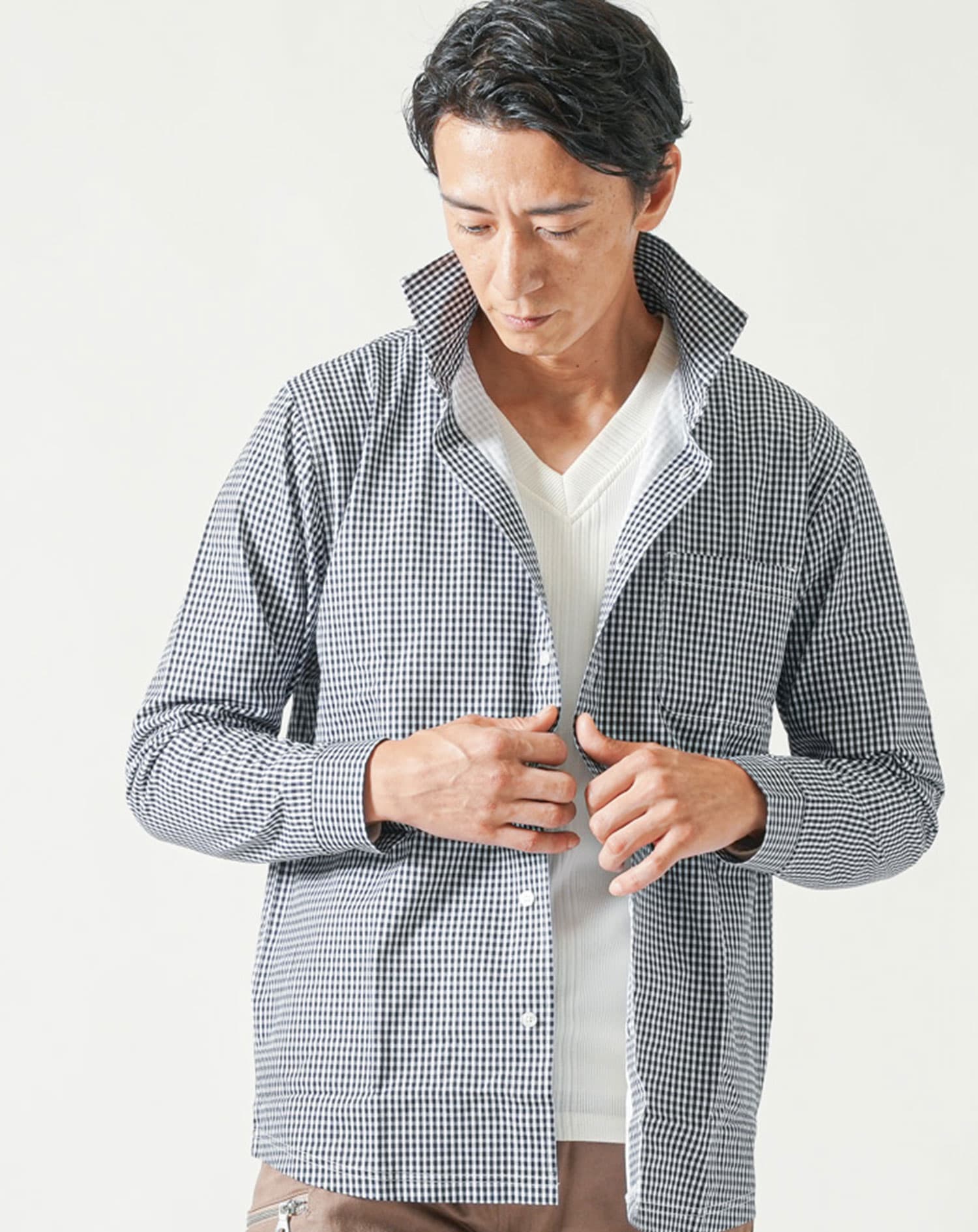 柄入りストレッチホリゾンタル長袖カットシャツ